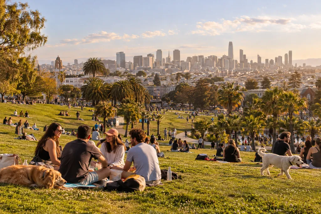 Group of people sitting on grass with city skyline in the background.
