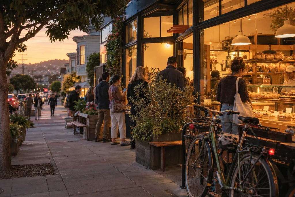 People wait outside a bakery at sunset, with bicycles parked nearby.