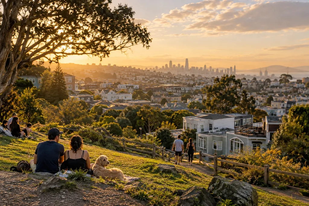 Couple with dog sitting on grassy hill, watching sunset over city.