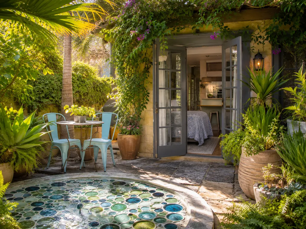 A small patio with a table, chairs, and a fountain surrounded by plants and a doorway.