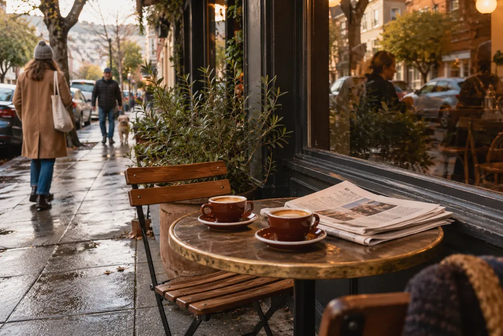 A sidewalk cafe with two cups of coffee, a newspaper, and people walking by.