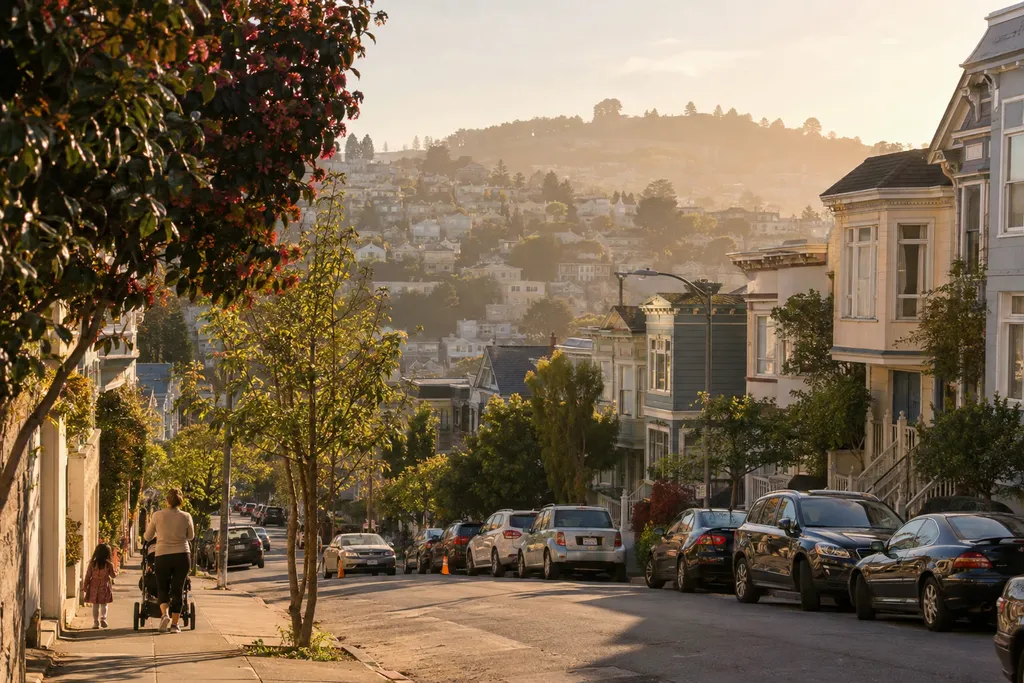 A street with parked cars, a person with a stroller, and a child walking.