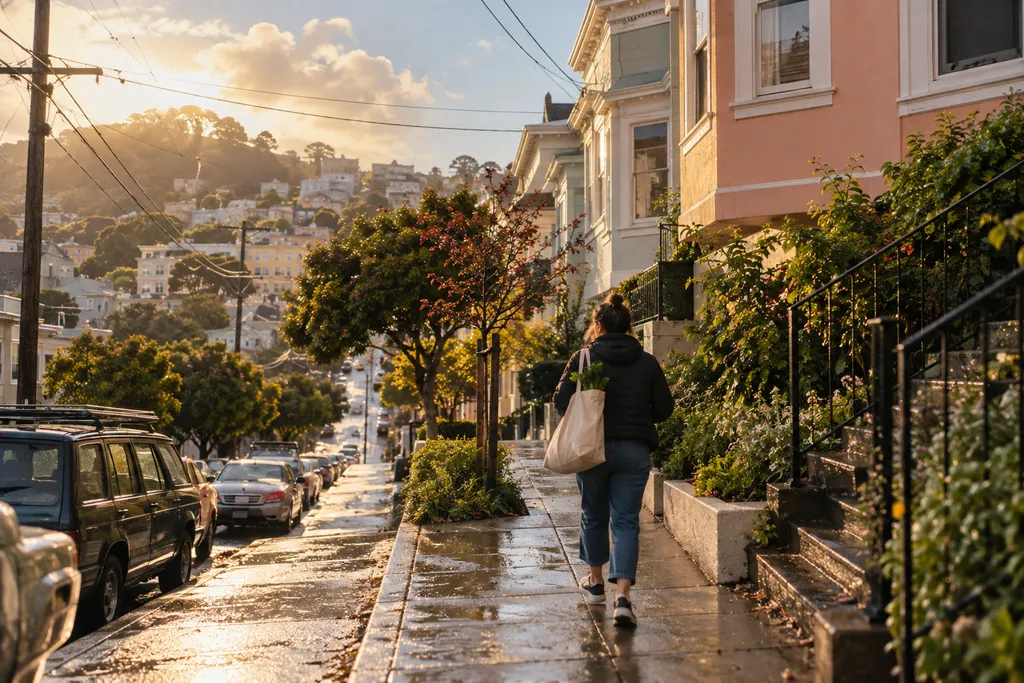 A woman walks on a wet sidewalk past parked cars and houses.