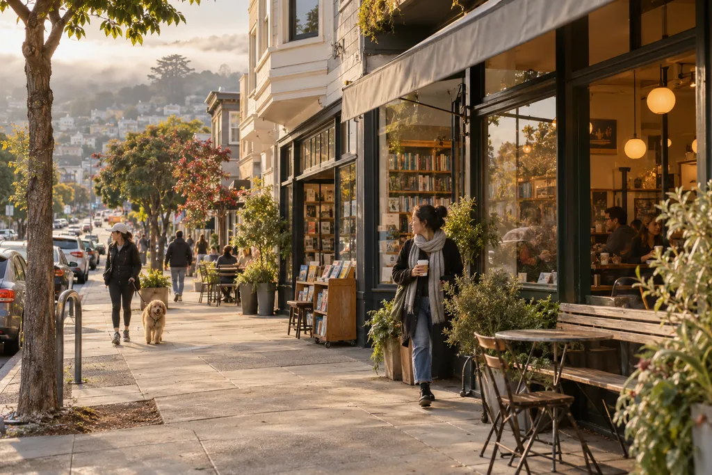 People walk past a bookstore with outdoor seating and a dog on a sidewalk.